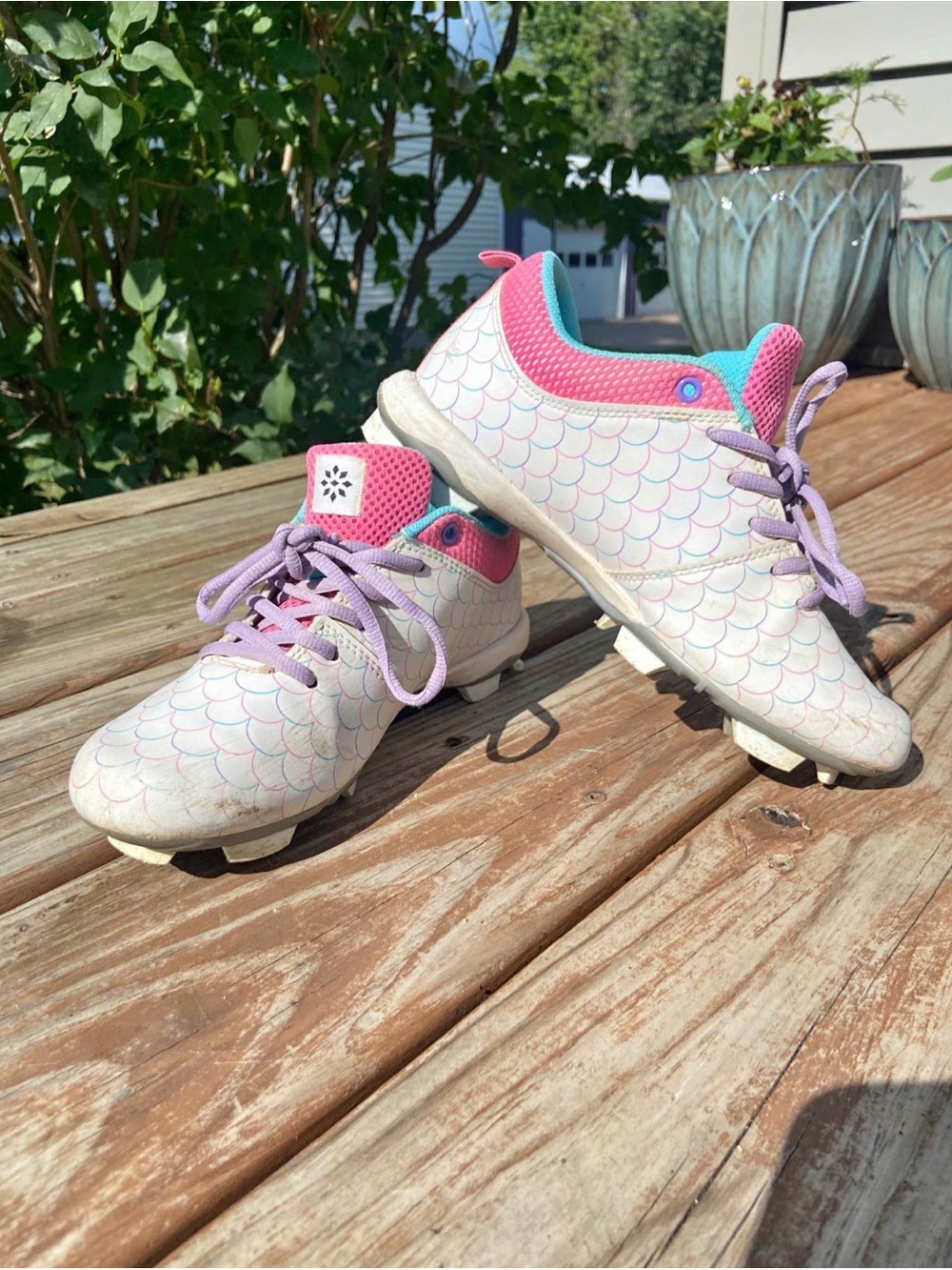 Kids White Mermaid-Scale Softball Cleats with Pink & Purple Accents